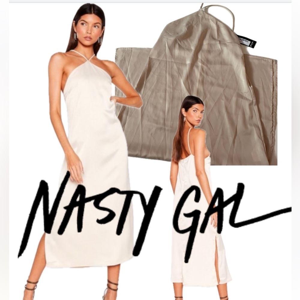 💚3/$15💚 NASTY GAL | Size 4 | Halter Neck Satin Midi Slip Dress | Off-White